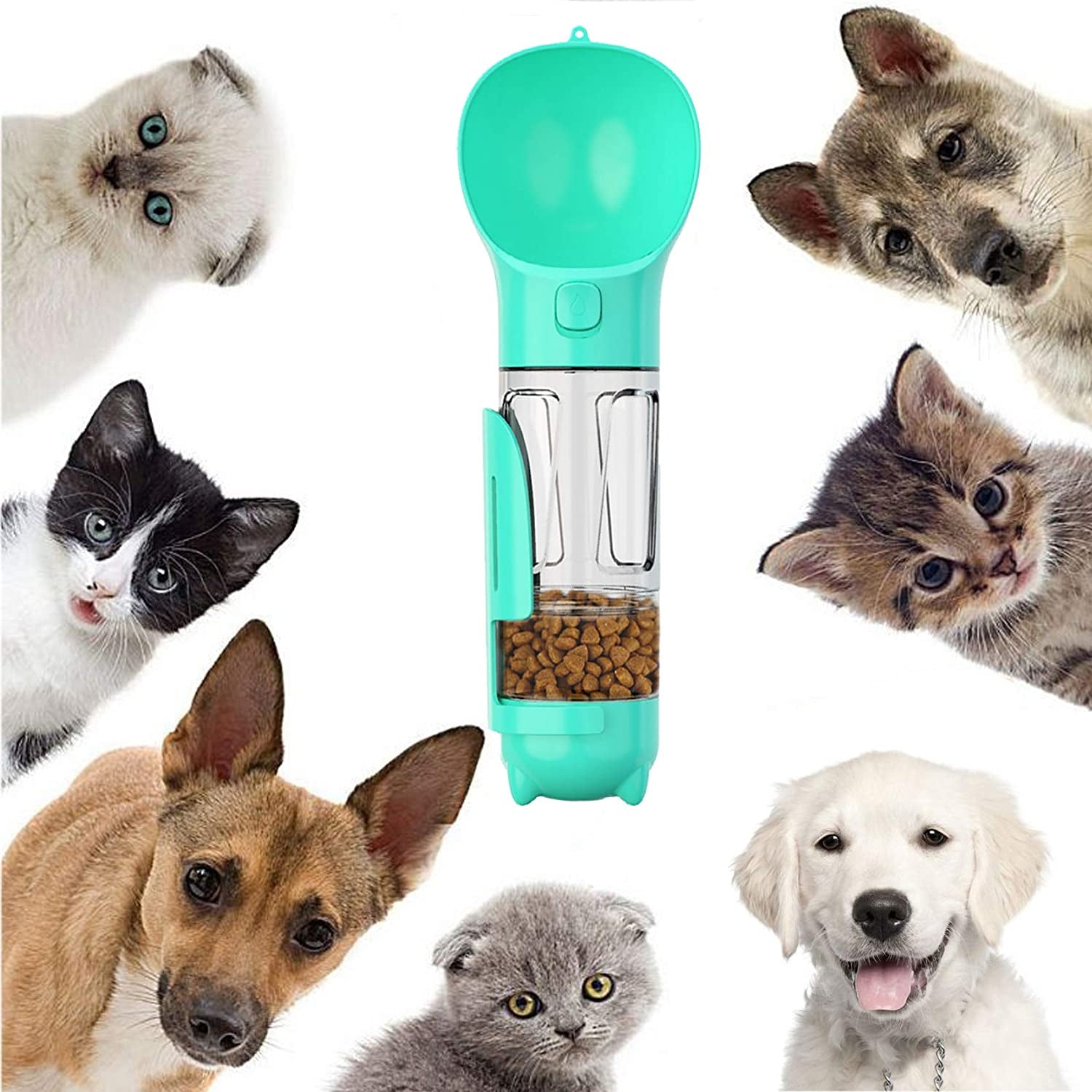Dog Water Bottle, 4 in 1 Pet Travel Water Cup with Food Box, Shovel,Garbage Bags for Hiking Travel