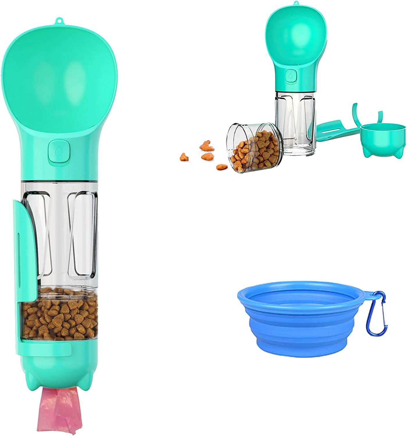 Dog Water Bottle, 4 in 1 Pet Travel Water Cup with Food Box, Shovel,Garbage Bags for Hiking Travel