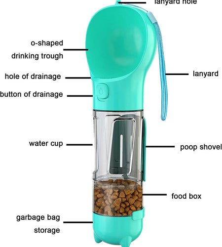 Dog Water Bottle, 4 in 1 Pet Travel Water Cup with Food Box, Shovel,Garbage Bags for Hiking Travel