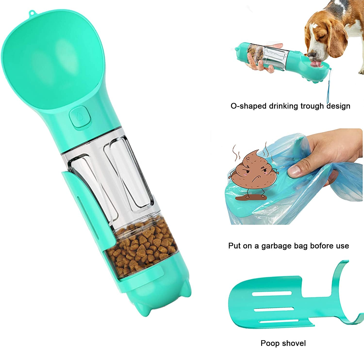 Dog Water Bottle, 4 in 1 Pet Travel Water Cup with Food Box, Shovel,Garbage Bags for Hiking Travel
