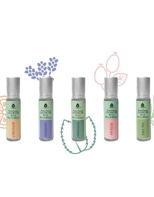 Load image into Gallery viewer, Aromatherapy Essential Oils Rollerballs (Bergamot, Lavender, Peppermint, Rosehip, Tea Tree)
