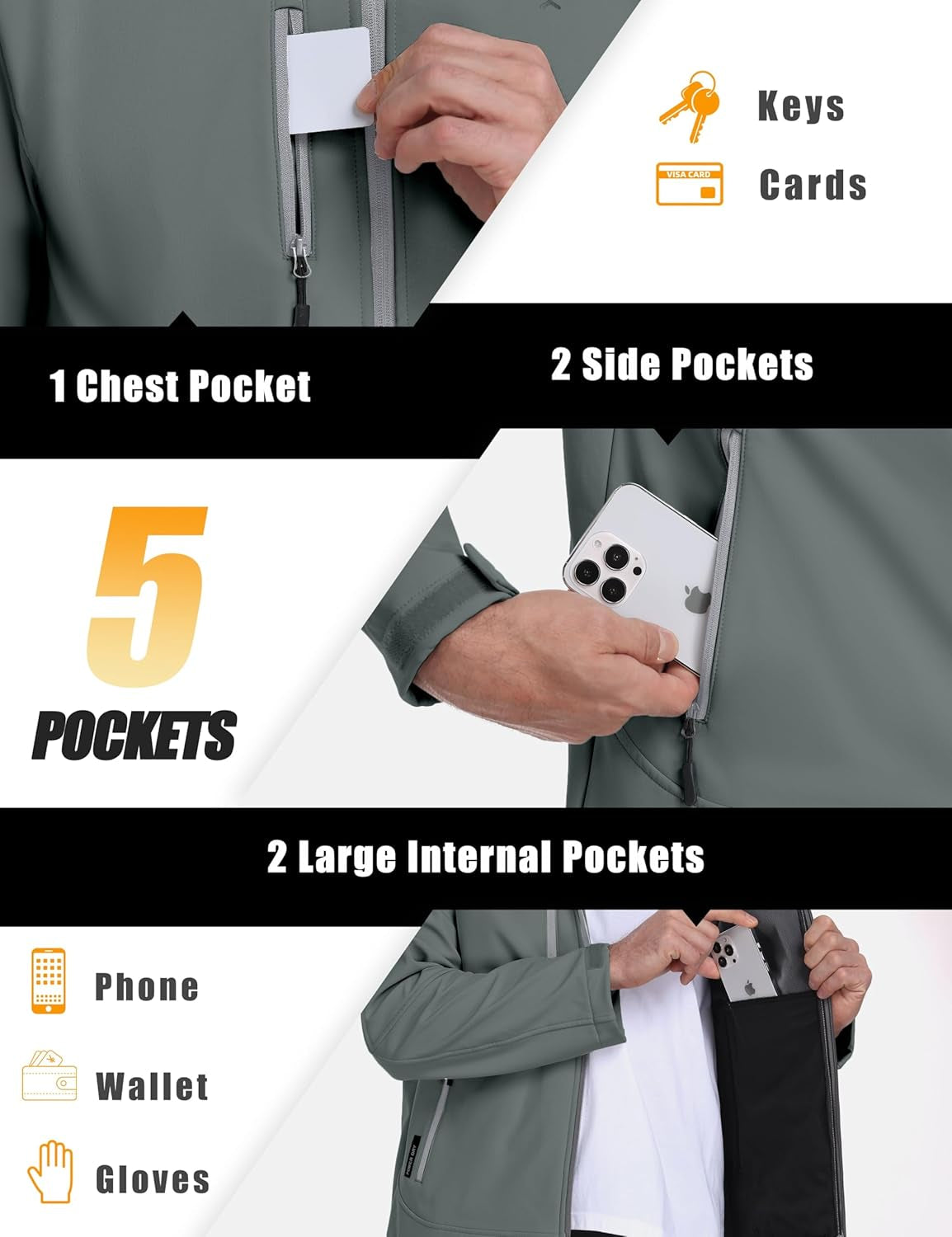Men’S Softshell Jacket with Removable Hood, Fleece Lined and Water Repellent